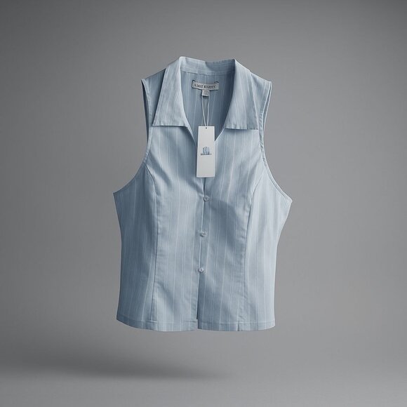 UO Party Girl Cotton-Blend Button Down Sleeveless Shirt Women Medium Blue Stripe - Picture 1 of 16
